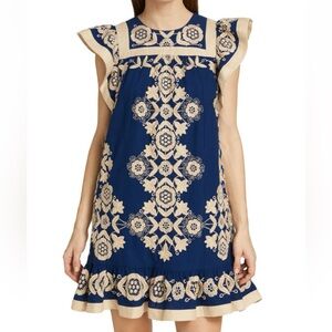 Sea New York Blue and Cream Embroidered Dress